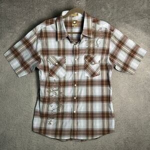 Lamasini‎ Men's Large Plaid Western Shirt Pearl Snaps Embroidery Short Sleeves